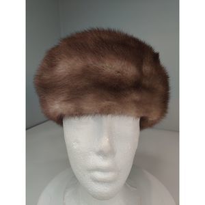 Vintage Brown/Beige Mink Fur Beret Hat with Pink Bow from Canada 20.5"